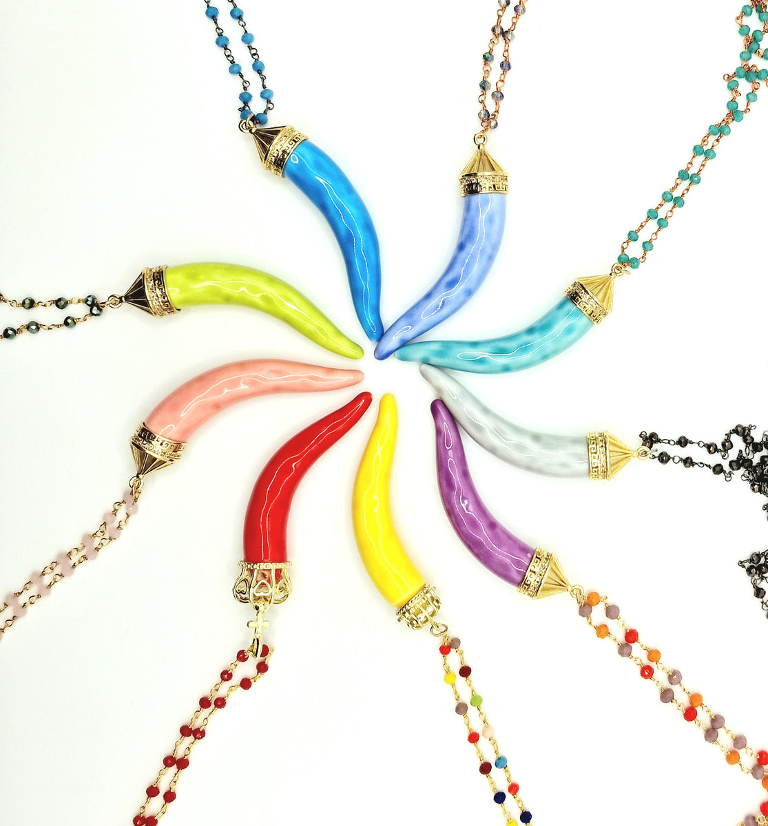 Collana Corta con Pendente Corno di Pietra Paesina - Collane con Corno